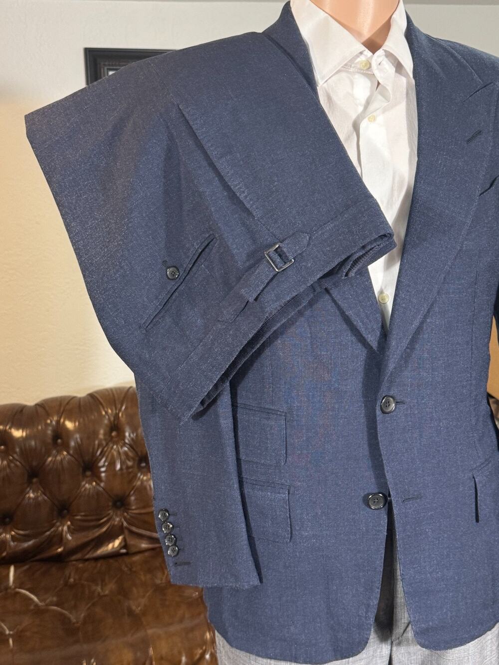 Tom Ford Blue Hopsack Wool Silk Peak Lapel Suit 48R 38R 32x28 Trousers Windsor